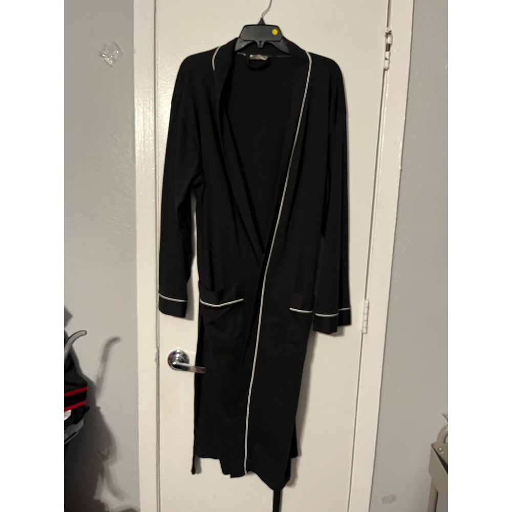 NY Threads Womens Large Black Knit Robe White Piping Long Sleeve Belted Pockets
